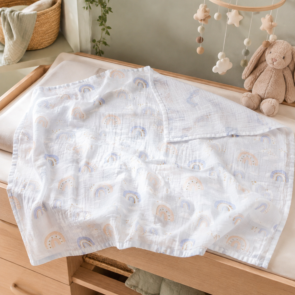 Couverture d’emmaillotage bébé en mousseline sur une table à langer