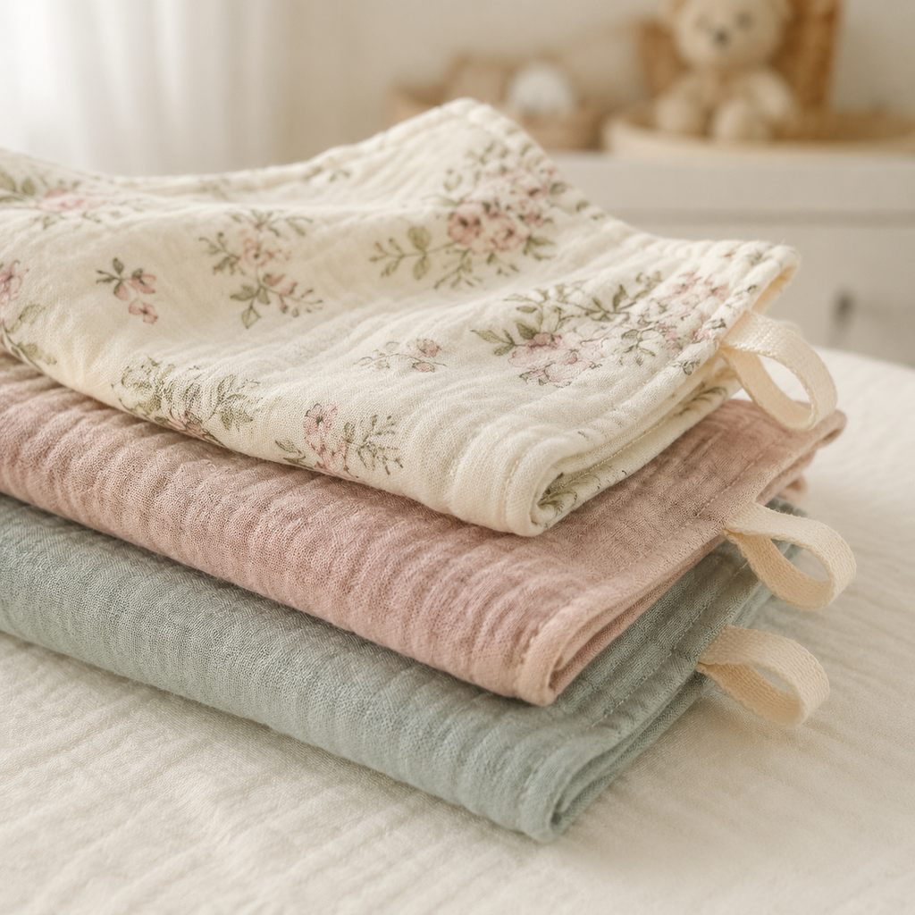 Détail de la texture en gaze de coton des linges bébé