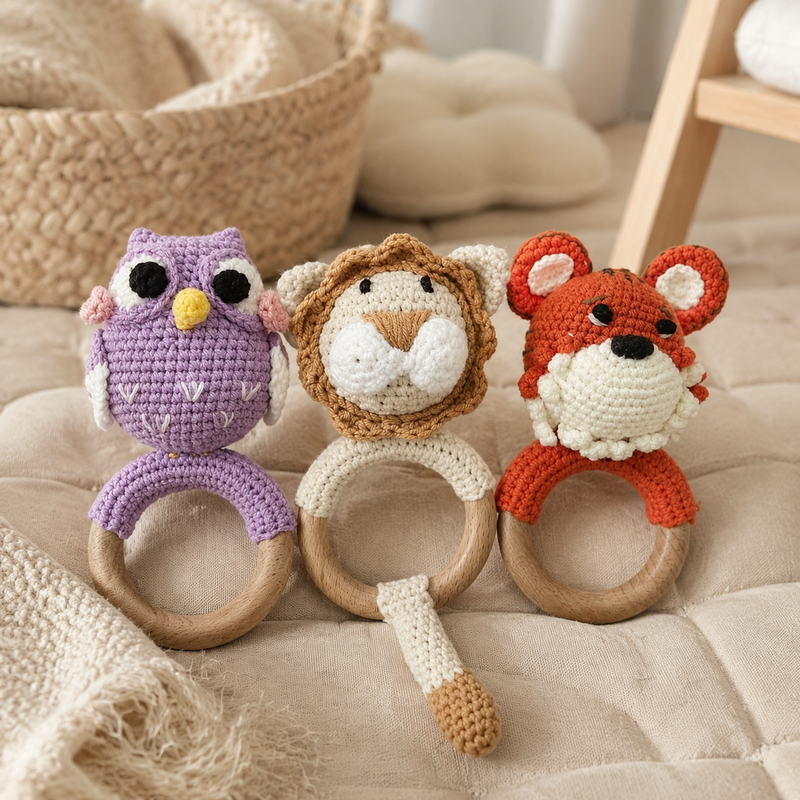 Hochets bébé hibou lion et tigre en crochet avec anneaux en bois