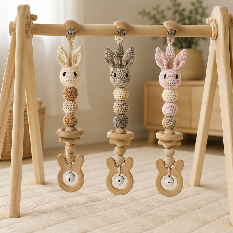 Jouets de poussette lapin en crochet et bois sur une arche d’éveil