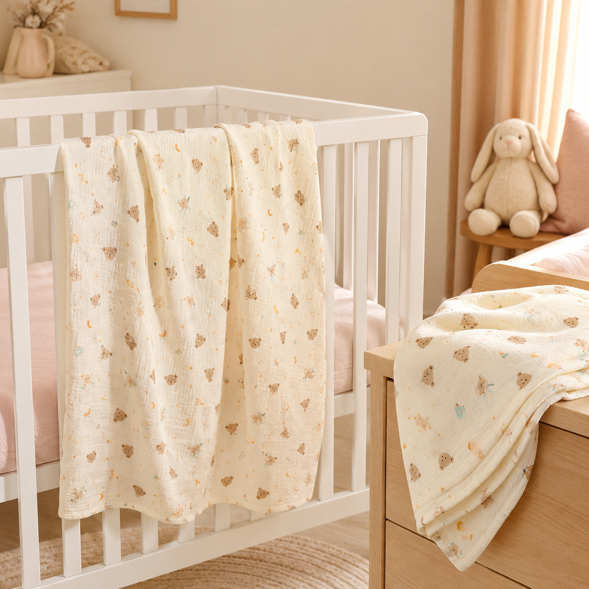 Lange bébé en mousseline de coton 80 x 80 cm dans une chambre de bébé