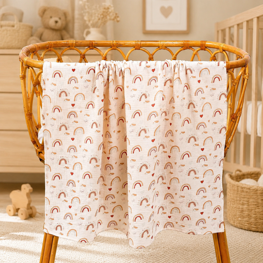 Lange bébé en mousseline de coton motif arc-en-ciel dans une chambre de bébé