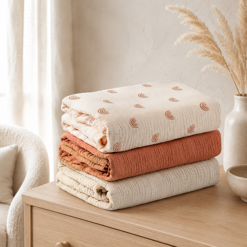 Lot de trois langes bébé en coton terracotta et beige dans une chambre douce