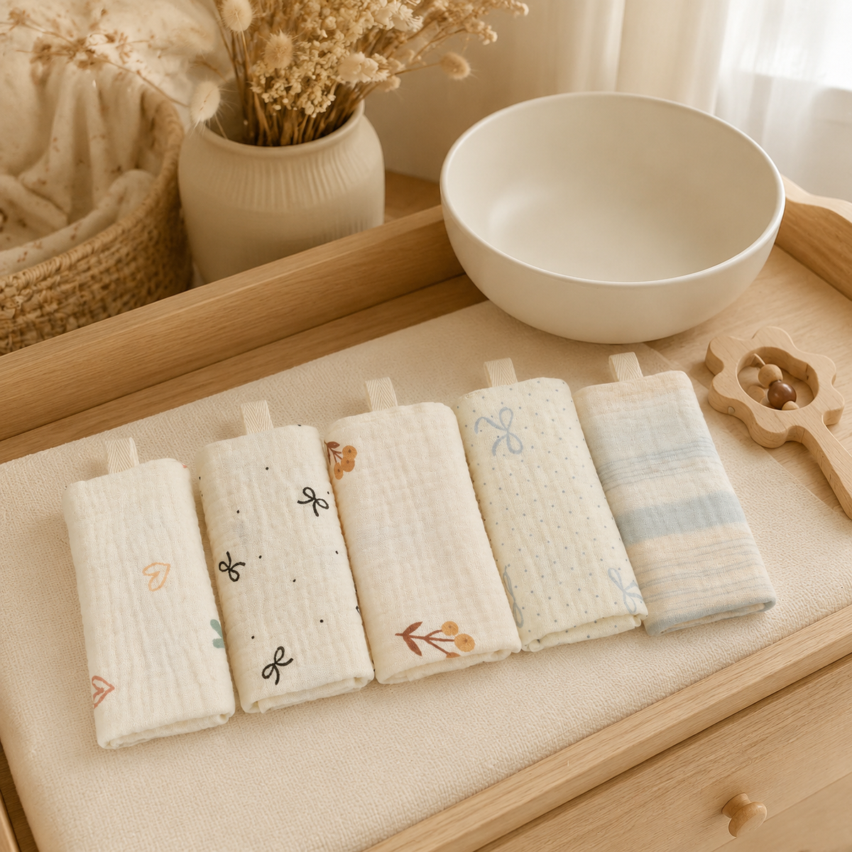 Lot de lingettes bébé en coton et gaze sur une table à langer