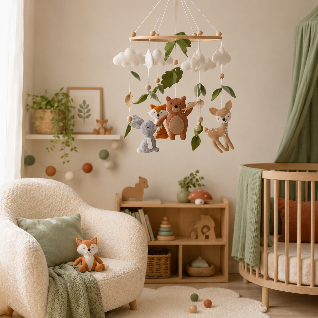 Mobile animaux de la forêt dans le coin lecture d’une chambre de bébé