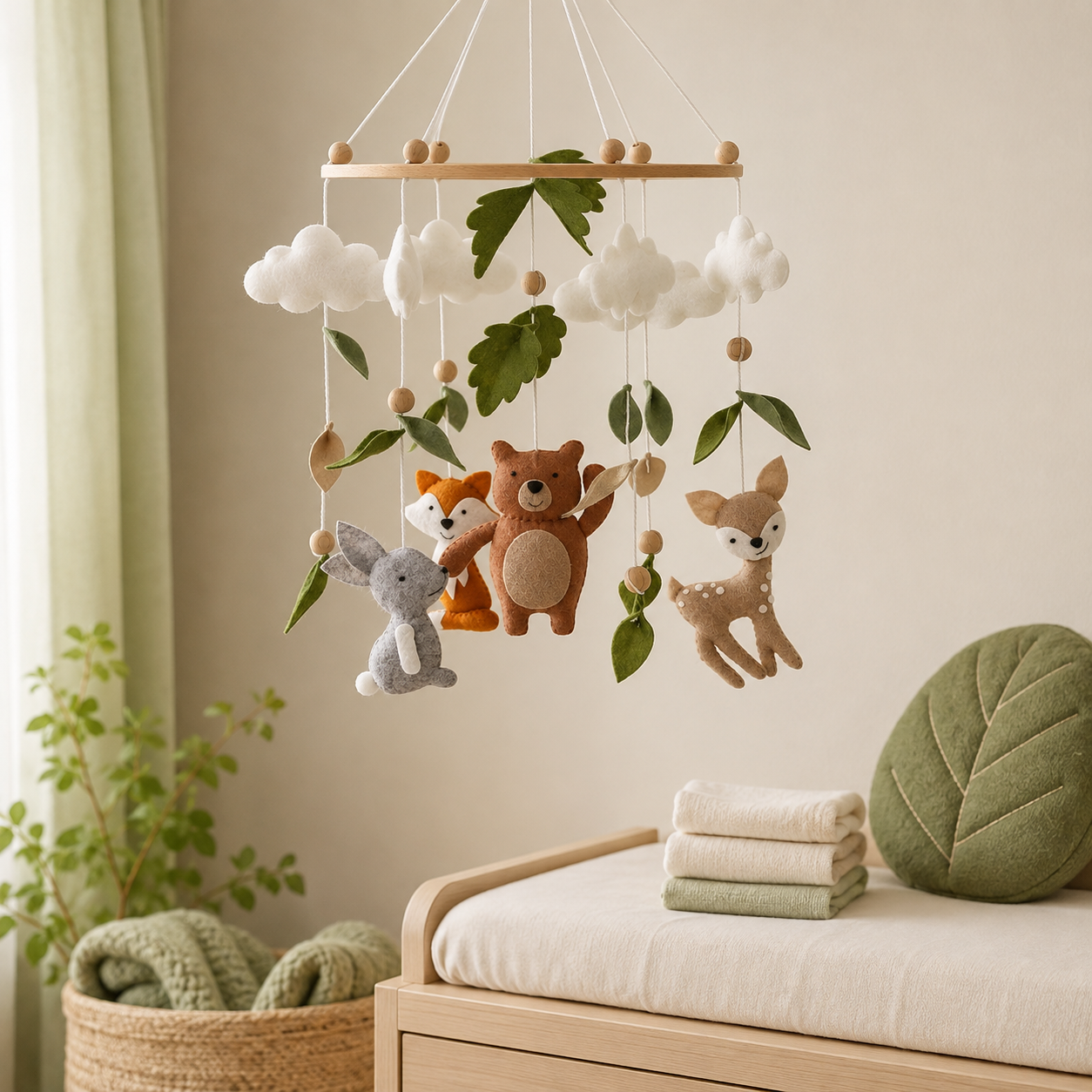 Mobile bébé forêt près d’une table à langer dans une chambre de bébé