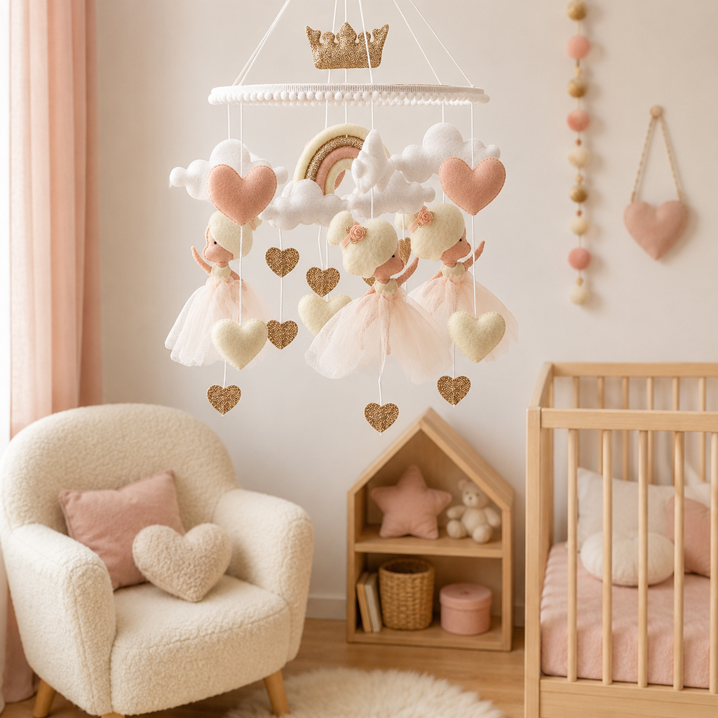 Mobile ballerines dans le coin lecture d’une chambre de bébé