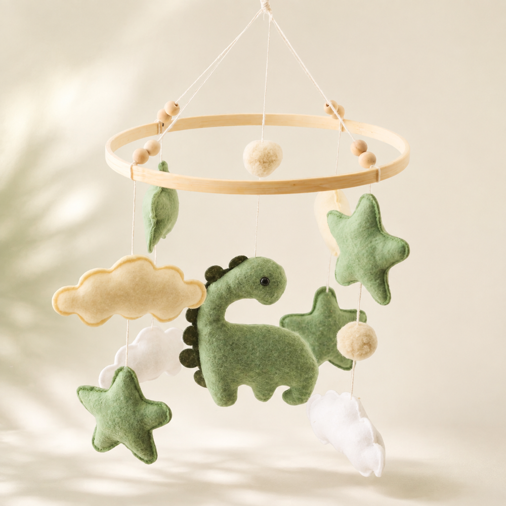 Mobile bébé dinosaure vert en feutrine avec étoiles et nuages