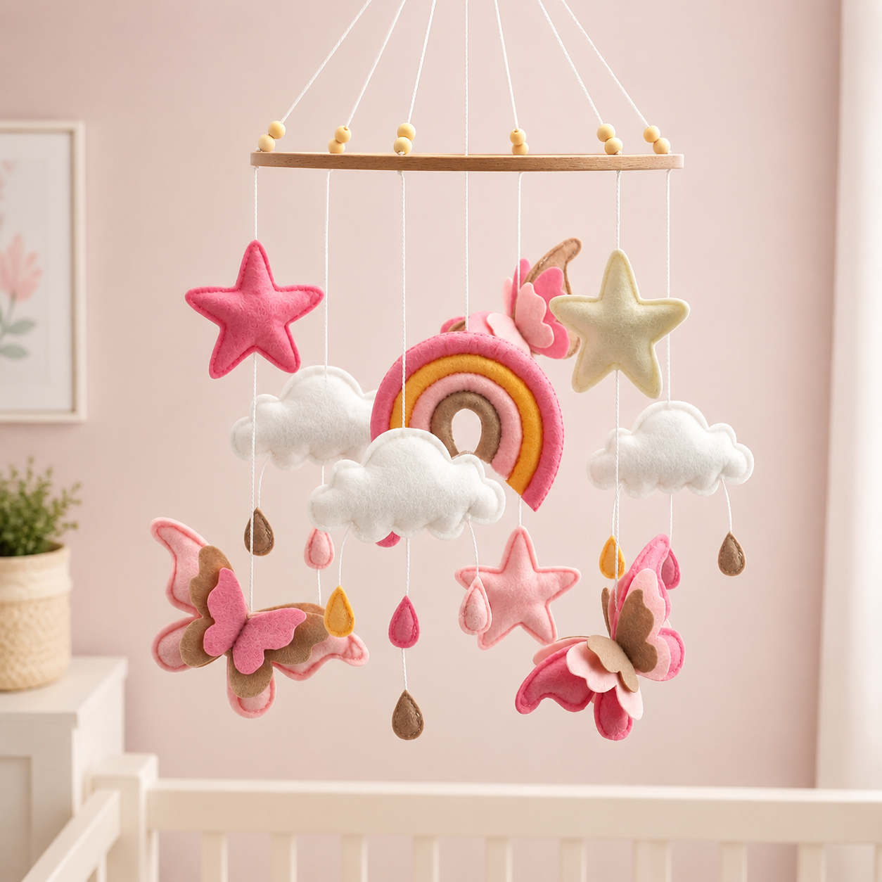 Mobile bébé papillons et arc-en-ciel rose en feutrine