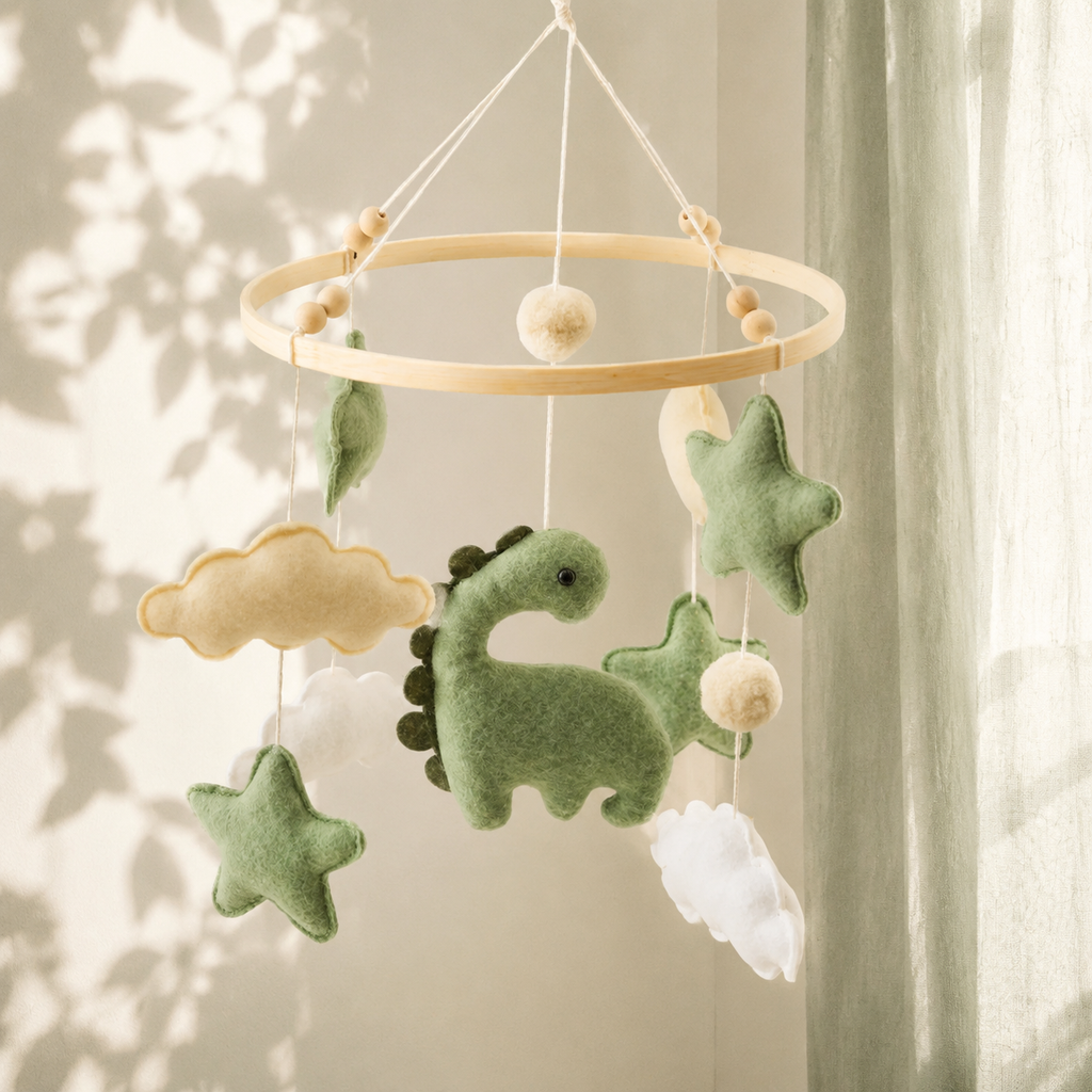 Mobile dinosaure vert dans une douce ambiance de chambre bébé