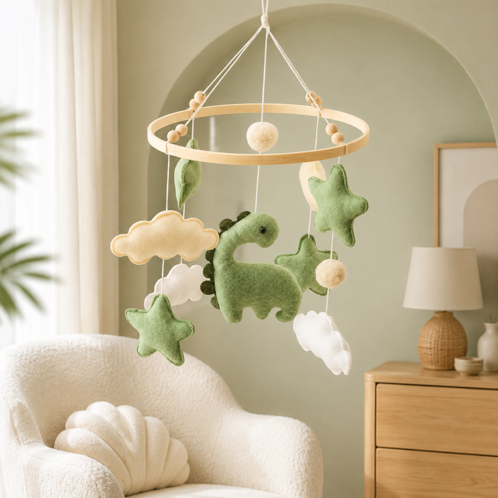 Mobile bébé dinosaure dans une décoration vert sauge
