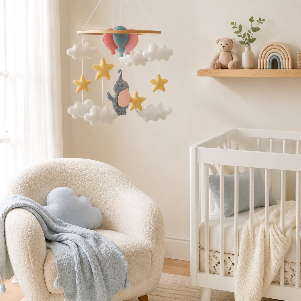 Mobile éléphant dans un coin lecture de chambre bébé