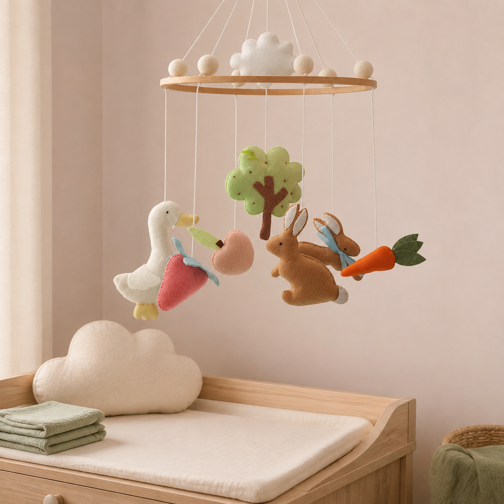 Mobile bébé lapins du jardin près d’une table à langer