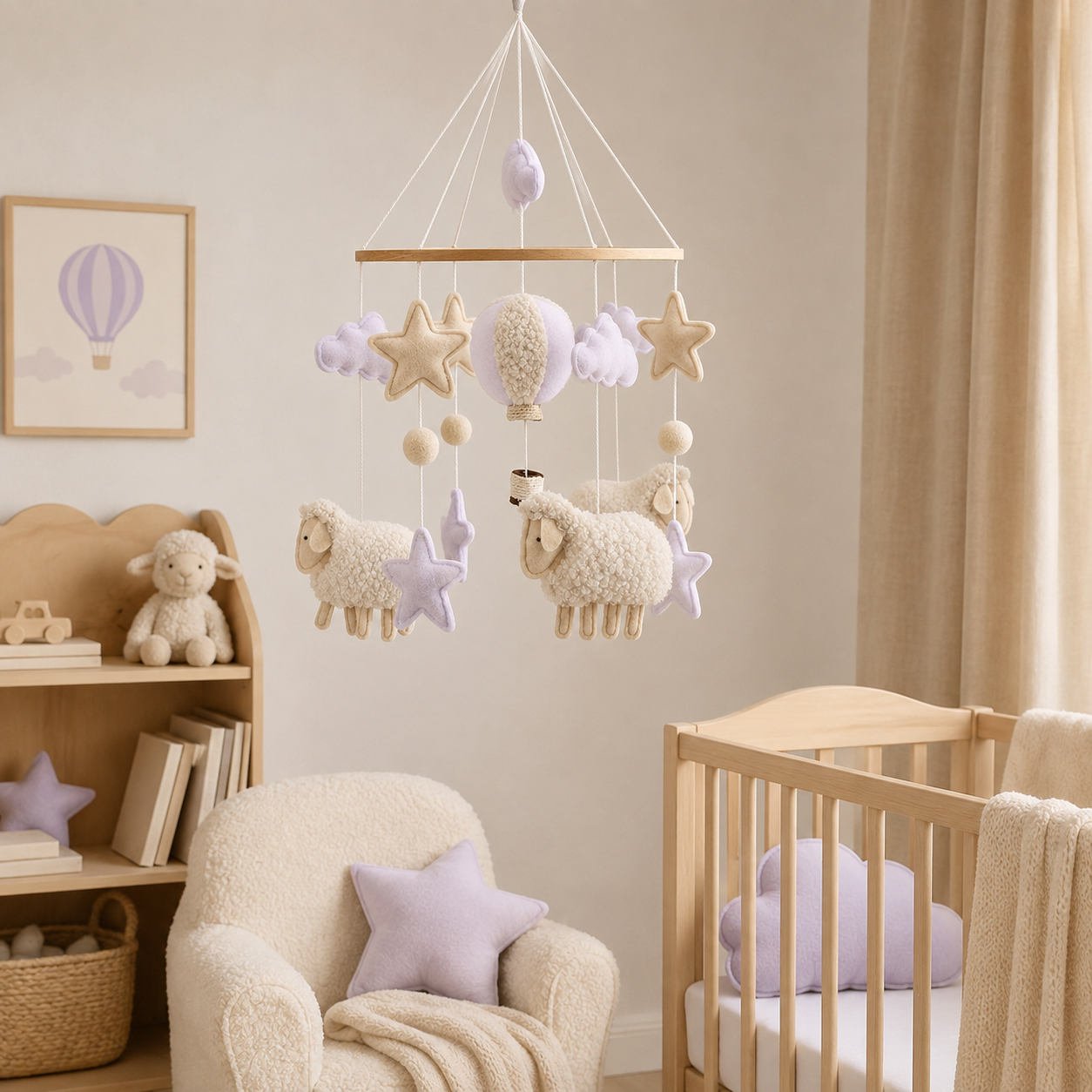 Mobile moutons et montgolfière dans le coin lecture d’une chambre de bébé