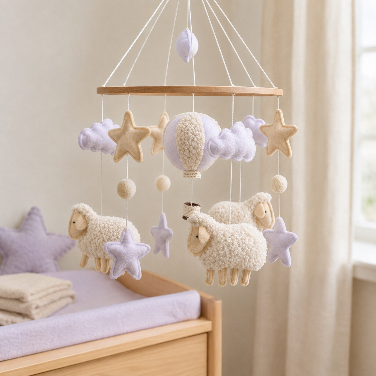 Mobile bébé moutons près d’une table à langer