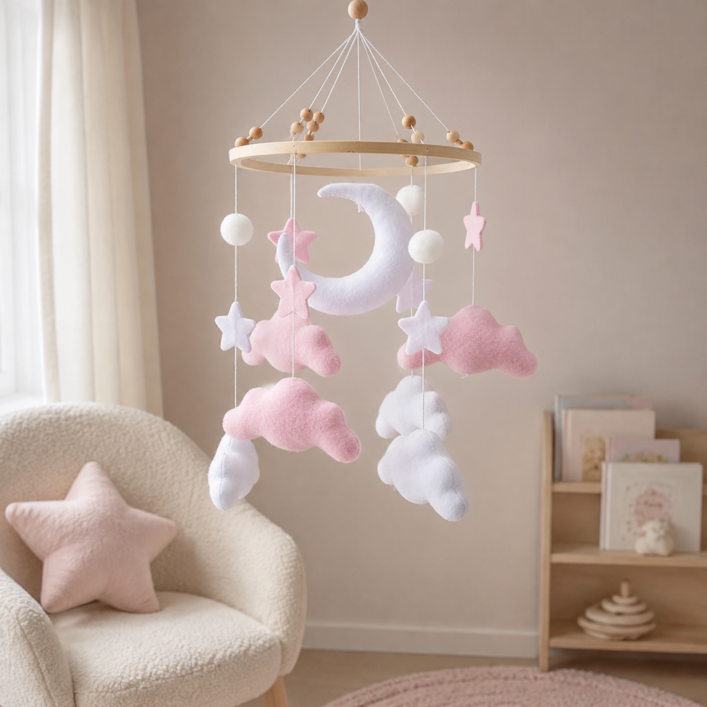 Mobile lune et nuages roses dans un coin lecture de chambre de bébé