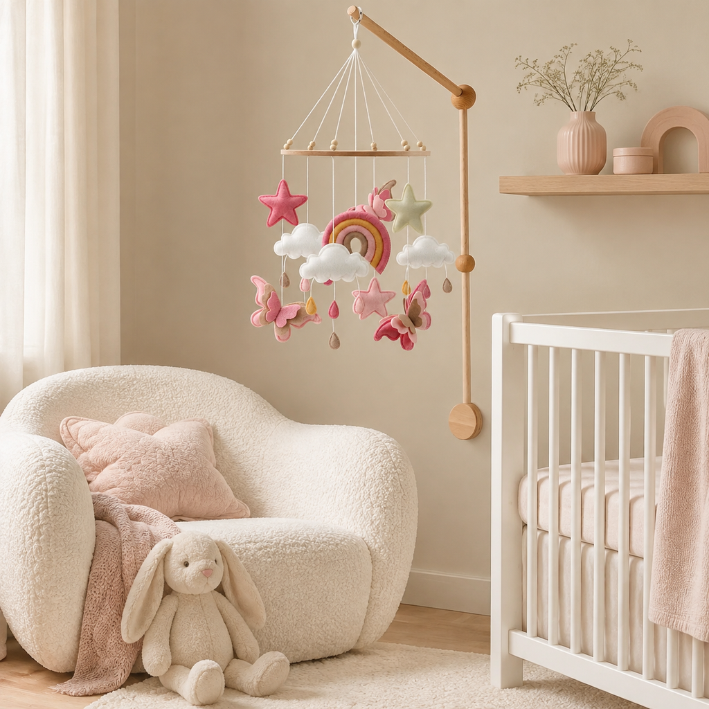 Mobile papillons dans un coin lecture de chambre bébé