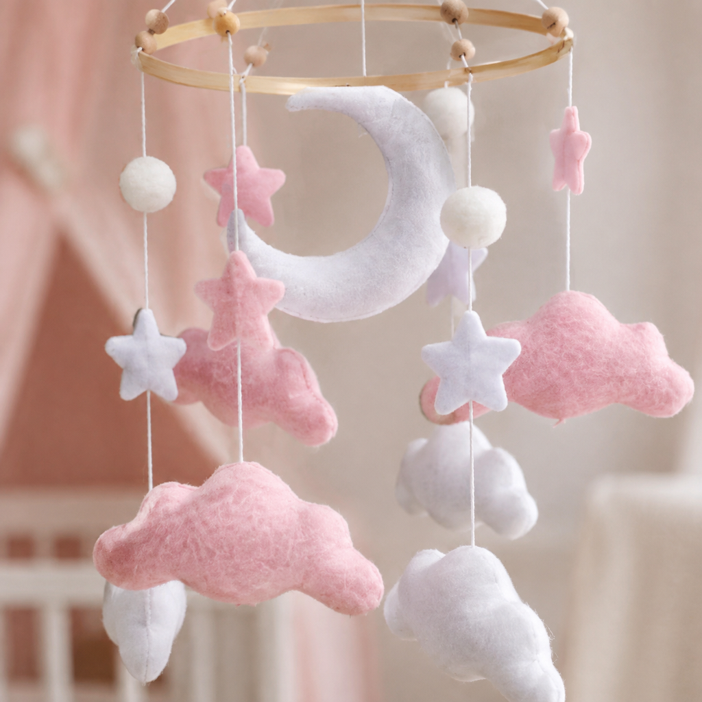 Détail des nuages roses et blancs du mobile bébé