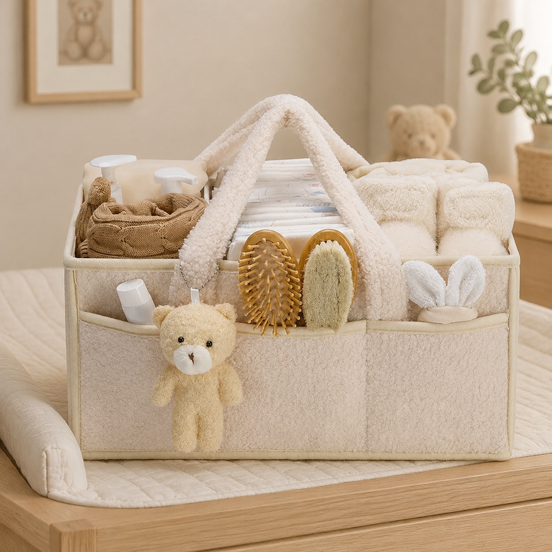 Organisateur à langer beige avec compartiments sur une table à langer
