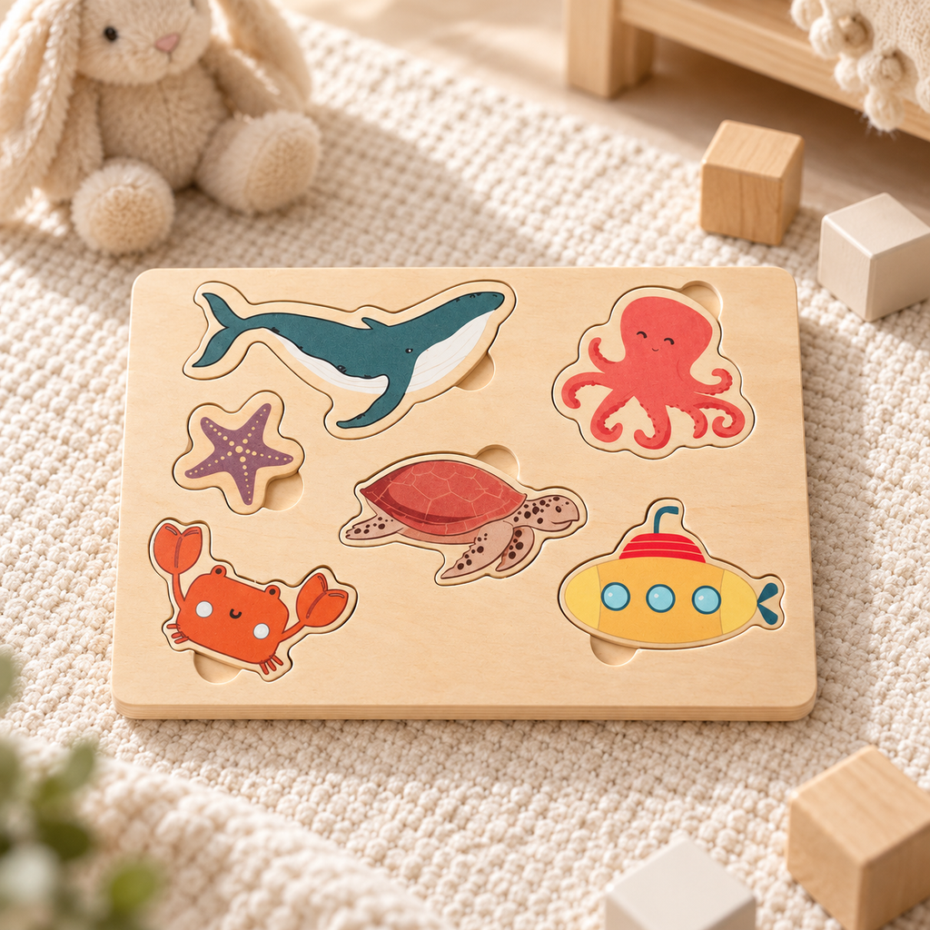 Puzzle en bois Montessori dès 1 an - animaux marins