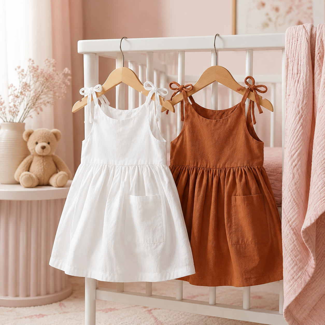 Robes fille blanche et terracotta près d’un lit bébé