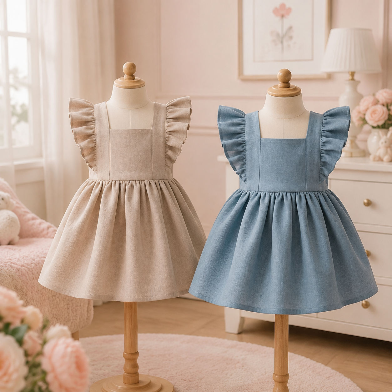 Robes bébé beige naturel et bleu grisé sur mannequins