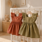 Robes bébé terracotta et vert sauge près d’un lit bébé