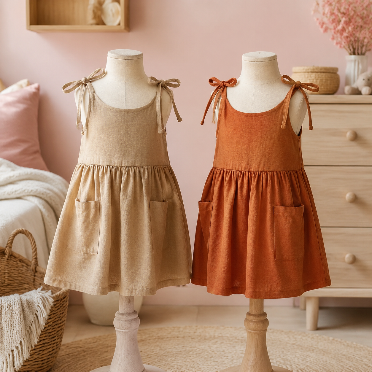 Robes fille camel et terracotta sur mannequins en chambre bébé