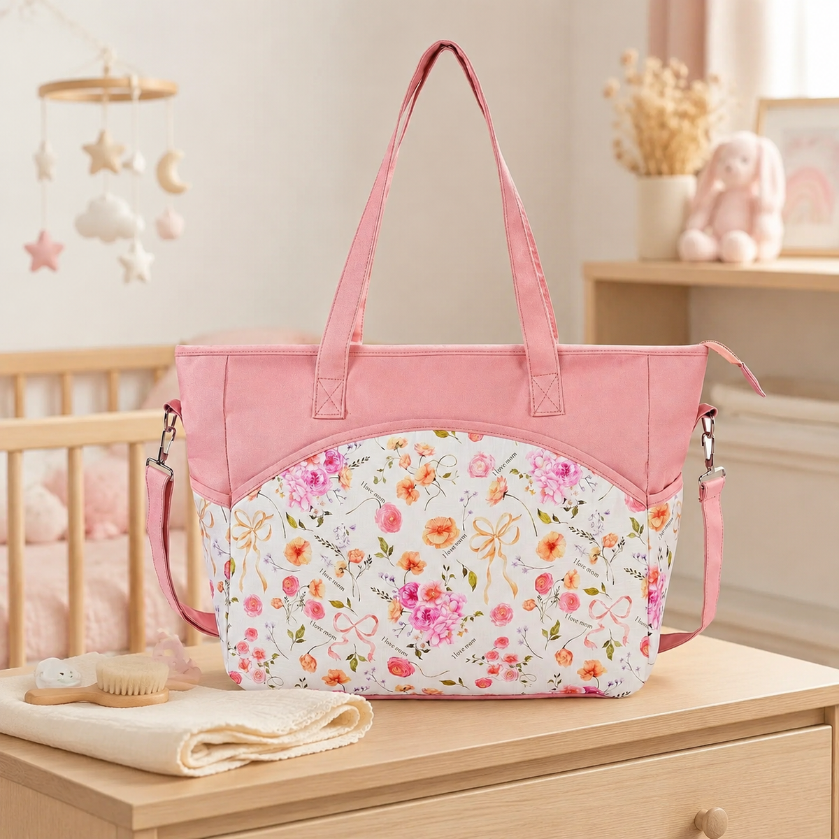 Sac à langer cabas motif Jardin rose dans une chambre de bébé