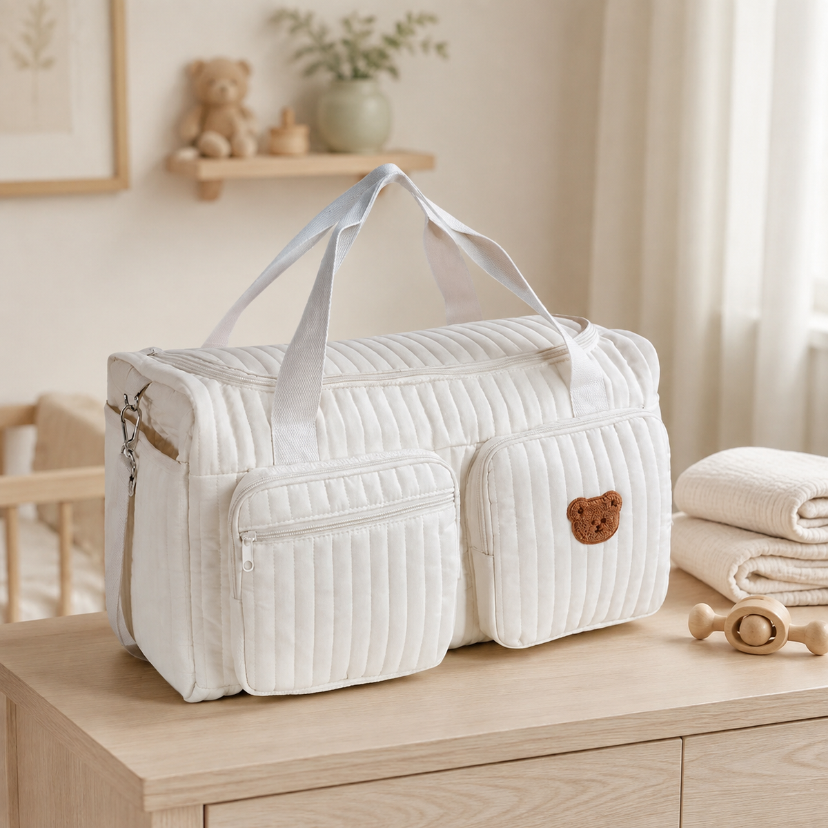 Sac à langer matelassé écru avec écusson ours dans une chambre de bébé