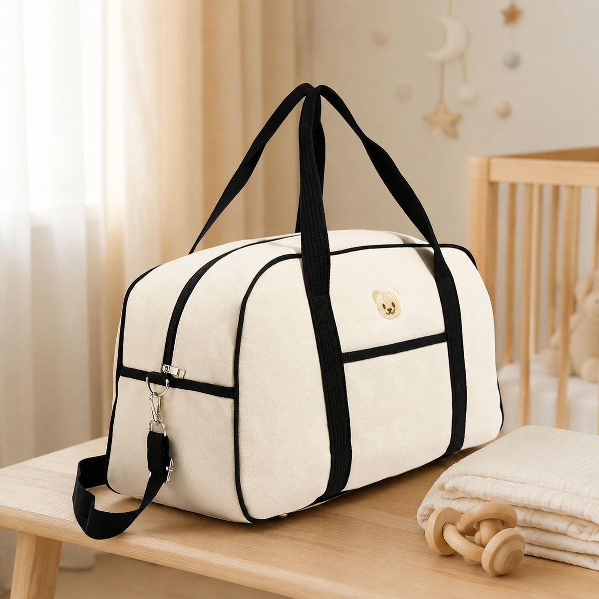 Sac à langer format week-end écru et noir dans une chambre de bébé