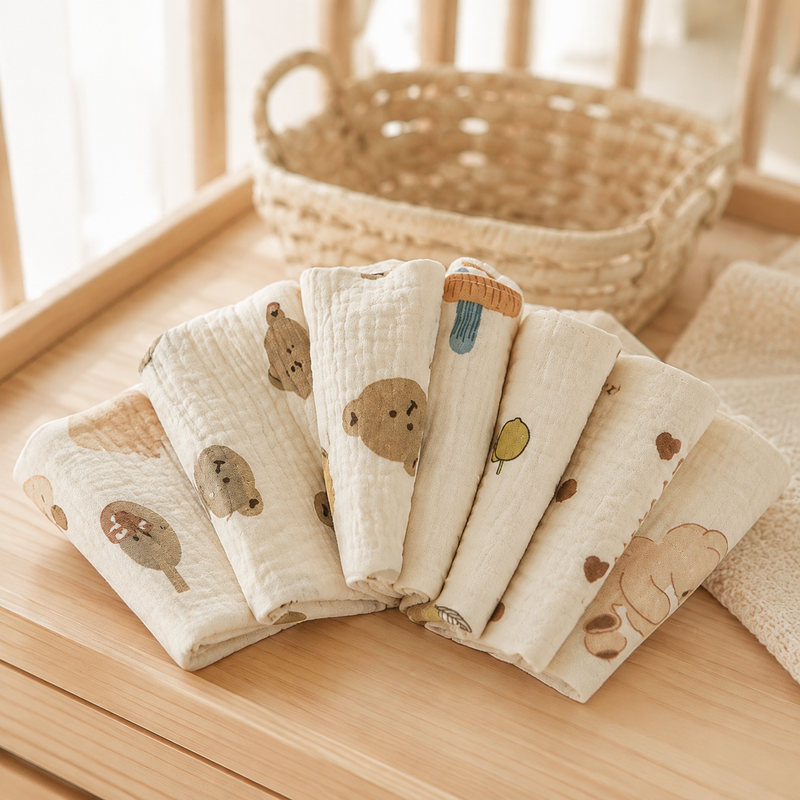 Serviettes bébé en mousseline à motifs animaux dans une chambre de bébé