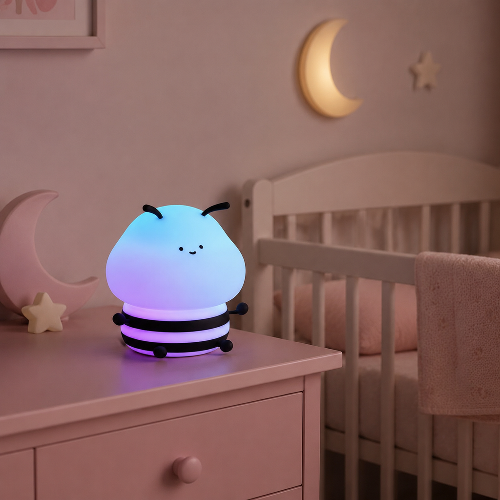 Veilleuse bébé abeille multicolore allumée la nuit