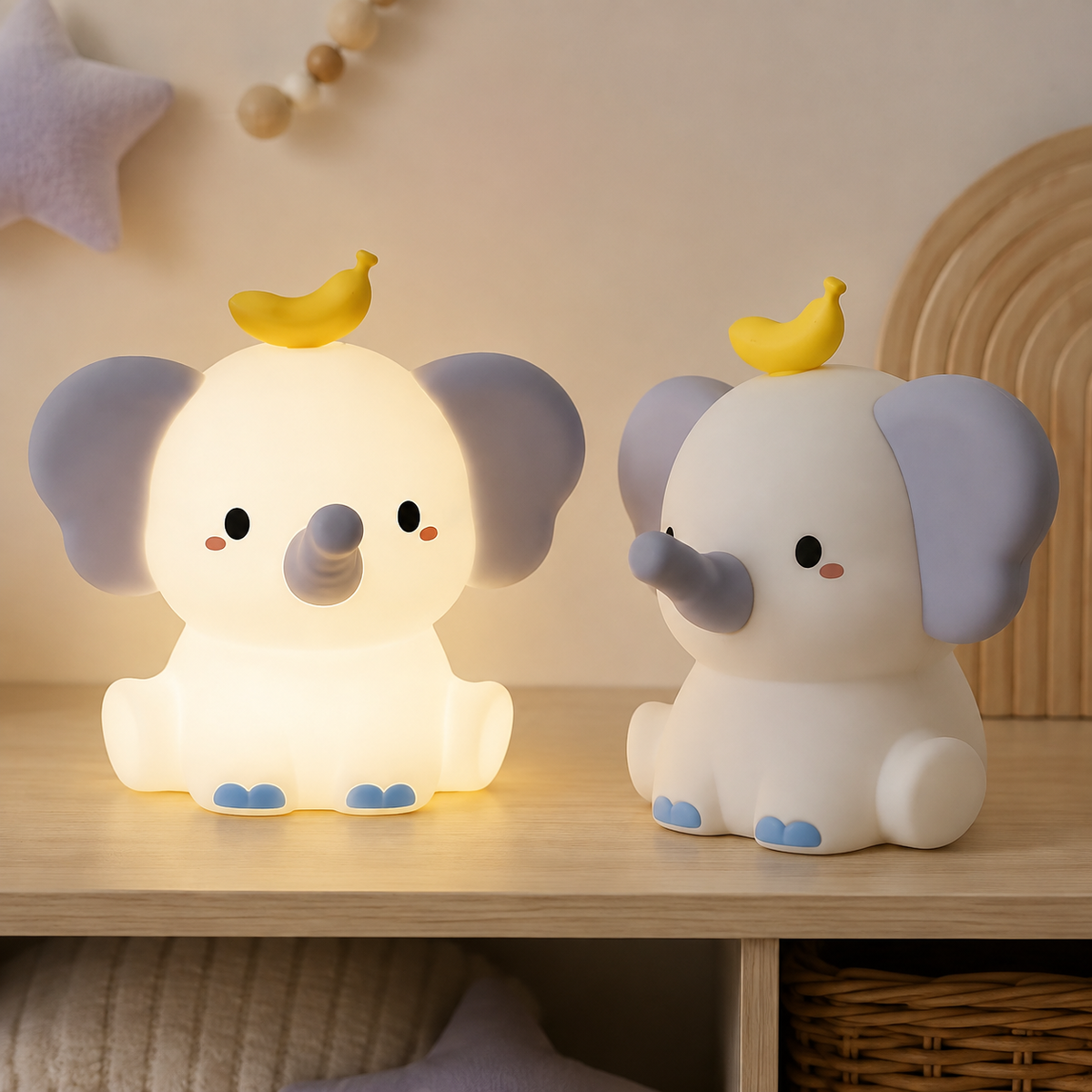 Veilleuse éléphant en silicone allumée et éteinte
