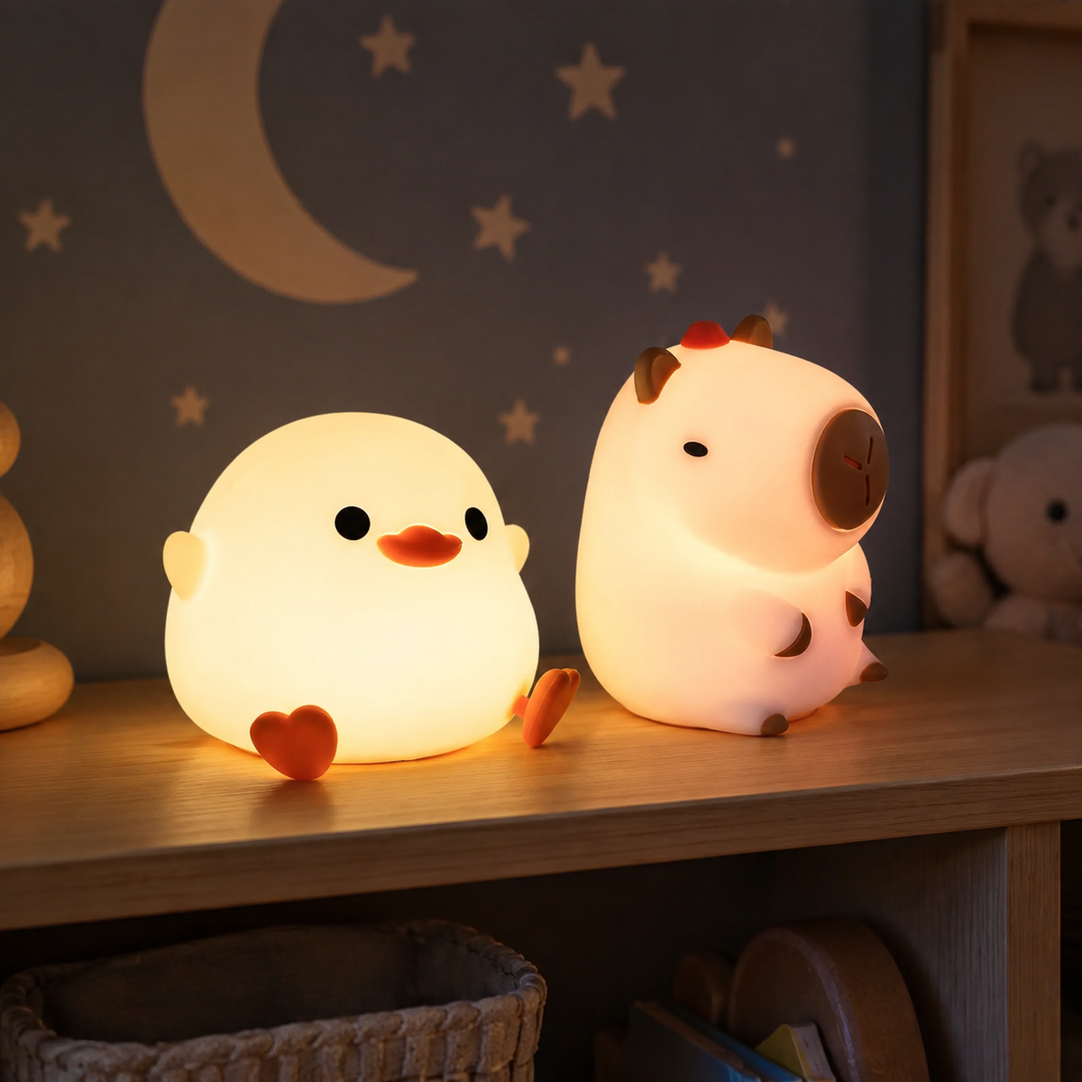 Veilleuses capybara et canard en ambiance nocturne pour bébé