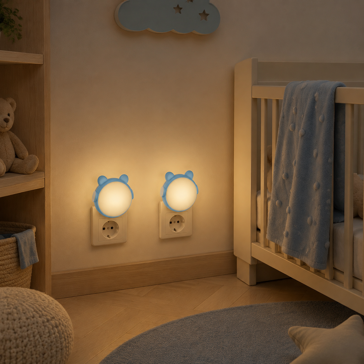 Deux veilleuses bébé ours bleues diffusant une lumière douce