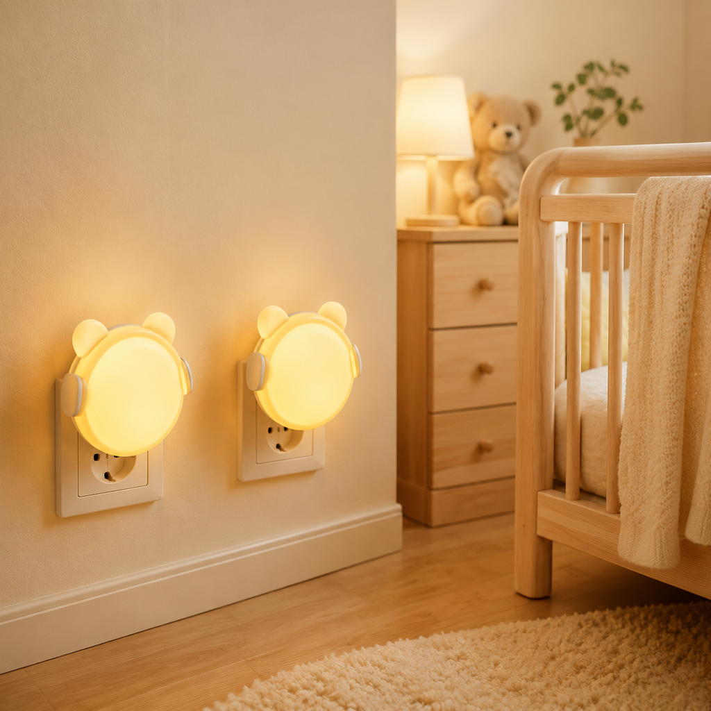 Deux veilleuses bébé ours jaunes dans une décoration de chambre de bébé