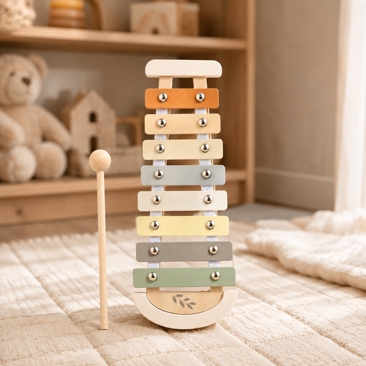 Xylophone enfant en bois aux couleurs pastel sur un tapis d’éveil